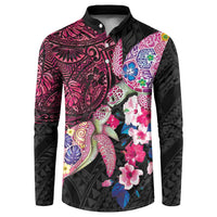 Hawaiian Couple Turtles Honi Button Sweatshirt Polynesian Art Motifs and Hibiscus Black Red Color - Polynesian Pride