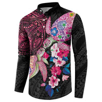 Hawaiian Couple Turtles Honi Button Sweatshirt Polynesian Art Motifs and Hibiscus Black Red Color - Polynesian Pride