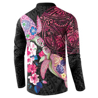 Hawaiian Couple Turtles Honi Button Sweatshirt Polynesian Art Motifs and Hibiscus Black Red Color - Polynesian Pride