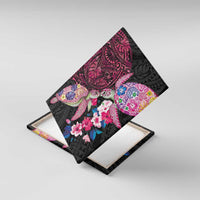 Hawaiian Couple Turtles Honi Canvas Wall Art Polynesian Art Motifs and Hibiscus Black Red Color - Polynesian Pride