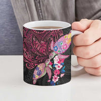 Hawaiian Couple Turtles Honi Ceramic Mug Polynesian Art Motifs and Hibiscus Black Red Color - Polynesian Pride