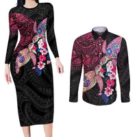Hawaiian Couple Turtles Honi Couples Matching Long Sleeve Bodycon Dress and Long Sleeve Button Shirt Polynesian Art Motifs and Hibiscus Black Red Color - Polynesian Pride