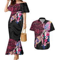 Hawaiian Couple Turtles Honi Couples Matching Mermaid Dress and Hawaiian Shirt Polynesian Art Motifs and Hibiscus Black Red Color - Polynesian Pride