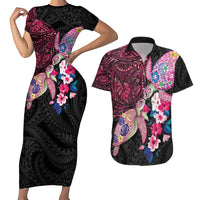 Hawaiian Couple Turtles Honi Couples Matching Short Sleeve Bodycon Dress and Hawaiian Shirt Polynesian Art Motifs and Hibiscus Black Red Color - Polynesian Pride