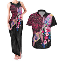 Hawaiian Couple Turtles Honi Couples Matching Tank Maxi Dress and Hawaiian Shirt Polynesian Art Motifs and Hibiscus Black Red Color - Polynesian Pride