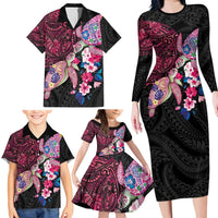 Hawaiian Couple Turtles Honi Family Matching Long Sleeve Bodycon Dress and Hawaiian Shirt Polynesian Art Motifs and Hibiscus Black Red Color LT03 - Polynesian Pride
