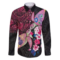 Hawaiian Couple Turtles Honi Family Matching Long Sleeve Bodycon Dress and Hawaiian Shirt Polynesian Art Motifs and Hibiscus Black Red Color - Polynesian Pride