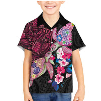 Hawaiian Couple Turtles Honi Family Matching Mermaid Dress and Hawaiian Shirt Polynesian Art Motifs and Hibiscus Black Red Color LT03 Son's Shirt Black - Polynesian Pride