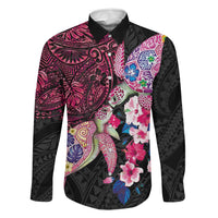 Hawaiian Couple Turtles Honi Family Matching Off The Shoulder Long Sleeve Dress and Hawaiian Shirt Polynesian Art Motifs and Hibiscus Black Red Color LT03 Dad's Shirt - Long Sleeve Black - Polynesian Pride