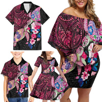 Hawaiian Couple Turtles Honi Family Matching Off Shoulder Short Dress and Hawaiian Shirt Polynesian Art Motifs and Hibiscus Black Red Color - Polynesian Pride