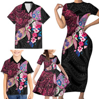 Hawaiian Couple Turtles Honi Family Matching Short Sleeve Bodycon Dress and Hawaiian Shirt Polynesian Art Motifs and Hibiscus Black Red Color - Polynesian Pride