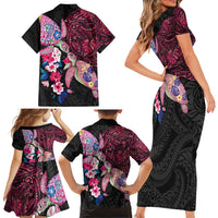 Hawaiian Couple Turtles Honi Family Matching Short Sleeve Bodycon Dress and Hawaiian Shirt Polynesian Art Motifs and Hibiscus Black Red Color LT03 - Polynesian Pride