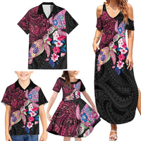 Hawaiian Couple Turtles Honi Family Matching Summer Maxi Dress and Hawaiian Shirt Polynesian Art Motifs and Hibiscus Black Red Color - Polynesian Pride