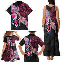 Hawaiian Couple Turtles Honi Family Matching Tank Maxi Dress and Hawaiian Shirt Polynesian Art Motifs and Hibiscus Black Red Color - Polynesian Pride