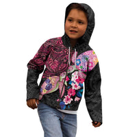 Hawaiian Couple Turtles Honi Kid Hoodie Polynesian Art Motifs and Hibiscus Black Red Color - Polynesian Pride