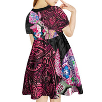 Hawaiian Couple Turtles Honi Kid Short Sleeve Dress Polynesian Art Motifs and Hibiscus Black Red Color - Polynesian Pride