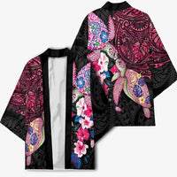 Hawaiian Couple Turtles Honi Kimono Polynesian Art Motifs and Hibiscus Black Red Color - Polynesian Pride