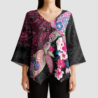 Hawaiian Couple Turtles Honi Kimono Sleeve Blouse Polynesian Art Motifs and Hibiscus Black Red Color - Polynesian Pride