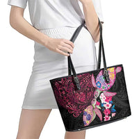 Hawaiian Couple Turtles Honi Leather Tote Bag Polynesian Art Motifs and Hibiscus Black Red Color - Polynesian Pride