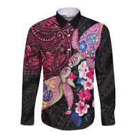 Hawaiian Couple Turtles Honi Long Sleeve Button Shirt Polynesian Art Motifs and Hibiscus Black Red Color - Polynesian Pride