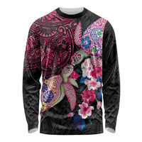 Hawaiian Couple Turtles Honi Long Sleeve Shirt Polynesian Art Motifs and Hibiscus Black Red Color - Polynesian Pride