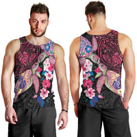 Hawaiian Couple Turtles Honi Men Tank Top Polynesian Art Motifs and Hibiscus Black Red Color - Polynesian Pride