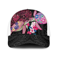 Hawaiian Couple Turtles Honi Mesh Trucker Cap Polynesian Art Motifs and Hibiscus Black Red Color LT03 One Size White Black - Polynesian Pride