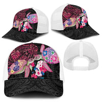 Hawaiian Couple Turtles Honi Mesh Trucker Cap Polynesian Art Motifs and Hibiscus Black Red Color LT03 - Polynesian Pride