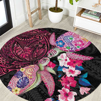 Hawaiian Couple Turtles Honi Round Carpet Polynesian Art Motifs and Hibiscus Black Red Color - Polynesian Pride