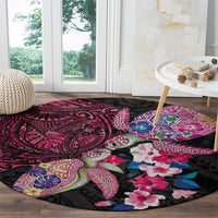 Hawaiian Couple Turtles Honi Round Carpet Polynesian Art Motifs and Hibiscus Black Red Color - Polynesian Pride