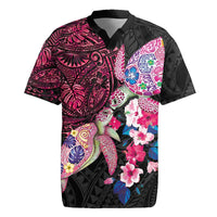 Hawaiian Couple Turtles Honi Rugby Jersey Polynesian Art Motifs and Hibiscus Black Red Color - Polynesian Pride