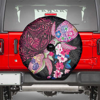 Hawaiian Couple Turtles Honi Spare Tire Cover Polynesian Art Motifs and Hibiscus Black Red Color - Polynesian Pride