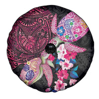 Hawaiian Couple Turtles Honi Spare Tire Cover Polynesian Art Motifs and Hibiscus Black Red Color - Polynesian Pride