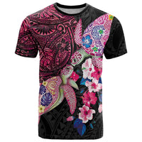 Hawaiian Couple Turtles Honi T Shirt Polynesian Art Motifs and Hibiscus Black Red Color - Polynesian Pride