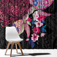 Hawaiian Couple Turtles Honi Window Curtain Polynesian Art Motifs and Hibiscus Black Red Color - Polynesian Pride