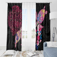Hawaiian Couple Turtles Honi Window Curtain Polynesian Art Motifs and Hibiscus Black Red Color - Polynesian Pride