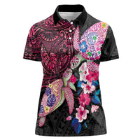 Hawaiian Couple Turtles Honi Women Polo Shirt Polynesian Art Motifs and Hibiscus Black Red Color LT03 Female Black - Polynesian Pride