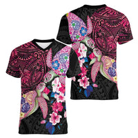 Hawaiian Couple Turtles Honi Women V-Neck T-Shirt Polynesian Art Motifs and Hibiscus Black Red Color LT03 - Polynesian Pride