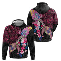 Hawaiian Couple Turtles Honi Zip Hoodie Polynesian Art Motifs and Hibiscus Black Red Color - Polynesian Pride