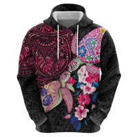 Hawaiian Couple Turtles Honi Zip Hoodie Polynesian Art Motifs and Hibiscus Black Red Color - Polynesian Pride