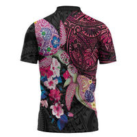 Hawaiian Couple Turtles Honi Zipper Polo Shirt Polynesian Art Motifs and Hibiscus Black Red Color - Polynesian Pride