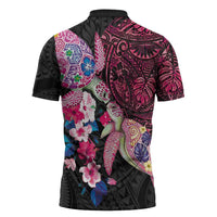 Hawaiian Couple Turtles Honi Zipper Polo Shirt Polynesian Art Motifs and Hibiscus Black Red Color - Polynesian Pride