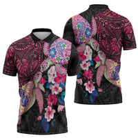 Hawaiian Couple Turtles Honi Zipper Polo Shirt Polynesian Art Motifs and Hibiscus Black Red Color - Polynesian Pride