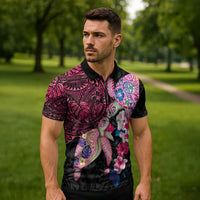 Hawaiian Couple Turtles Honi Zipper Polo Shirt Polynesian Art Motifs and Hibiscus Black Red Color - Polynesian Pride