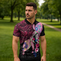 Hawaiian Couple Turtles Honi Zipper Polo Shirt Polynesian Art Motifs and Hibiscus Black Red Color - Polynesian Pride