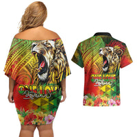 Hawaiian Reggae Couples Matching Off Shoulder Short Dress and Hawaiian Shirt Jawaiian One Love-Tribal Tatoos and Rastafari Lion - Polynesian Pride