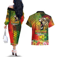 Hawaiian Reggae Couples Matching Off The Shoulder Long Sleeve Dress and Hawaiian Shirt Jawaiian One Love-Tribal Tatoos and Rastafari Lion LT03 - Polynesian Pride