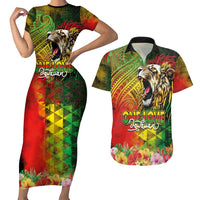 Hawaiian Reggae Couples Matching Short Sleeve Bodycon Dress and Hawaiian Shirt Jawaiian One Love-Tribal Tatoos and Rastafari Lion - Polynesian Pride