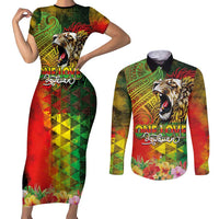 Hawaiian Reggae Couples Matching Short Sleeve Bodycon Dress and Long Sleeve Button Shirt Jawaiian One Love-Tribal Tatoos and Rastafari Lion LT03 Multicolor - Polynesian Pride