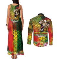 Hawaiian Reggae Couples Matching Tank Maxi Dress and Long Sleeve Button Shirt Jawaiian One Love-Tribal Tatoos and Rastafari Lion - Polynesian Pride